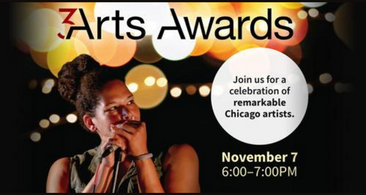 3Arts Awards, Join us for celebration of remarkable Chicago Artists. Nov. 7, 6-7. A dark skinned woman with her hair in a bun and wearing a grey sleeveless top speaks/sings into a microphone while looking off camera. The background is dark with orbs of light.